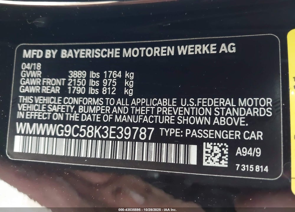 2019 MINI CONVERTIBLE COOPER S VIN: WMWWG9C58K3E39787