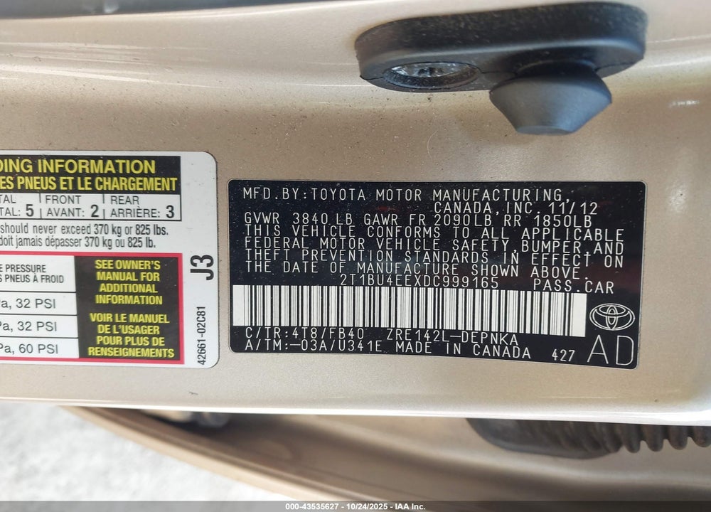 2013 TOYOTA COROLLA VIN: 2T1BU4EEXDC999165