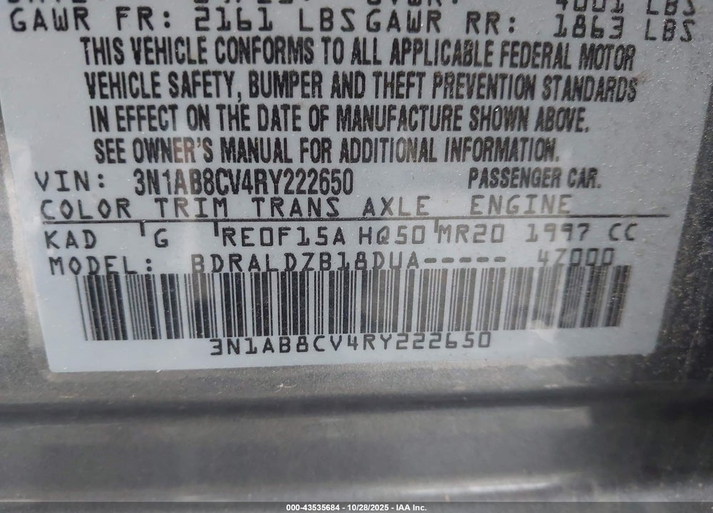 2024 NISSAN SENTRA SV XTRONIC CVT VIN: 3N1AB8CV4RY222650