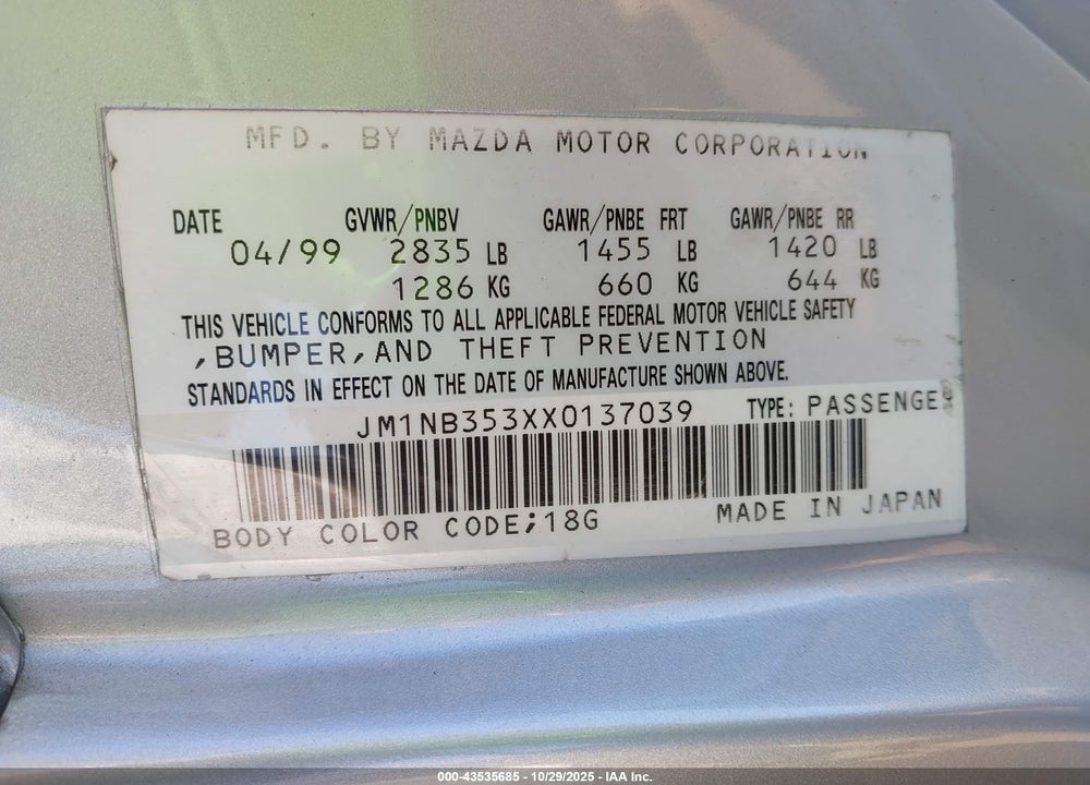 1999 MAZDA MX-5 MIATA VIN: JM1NB353XX0137039