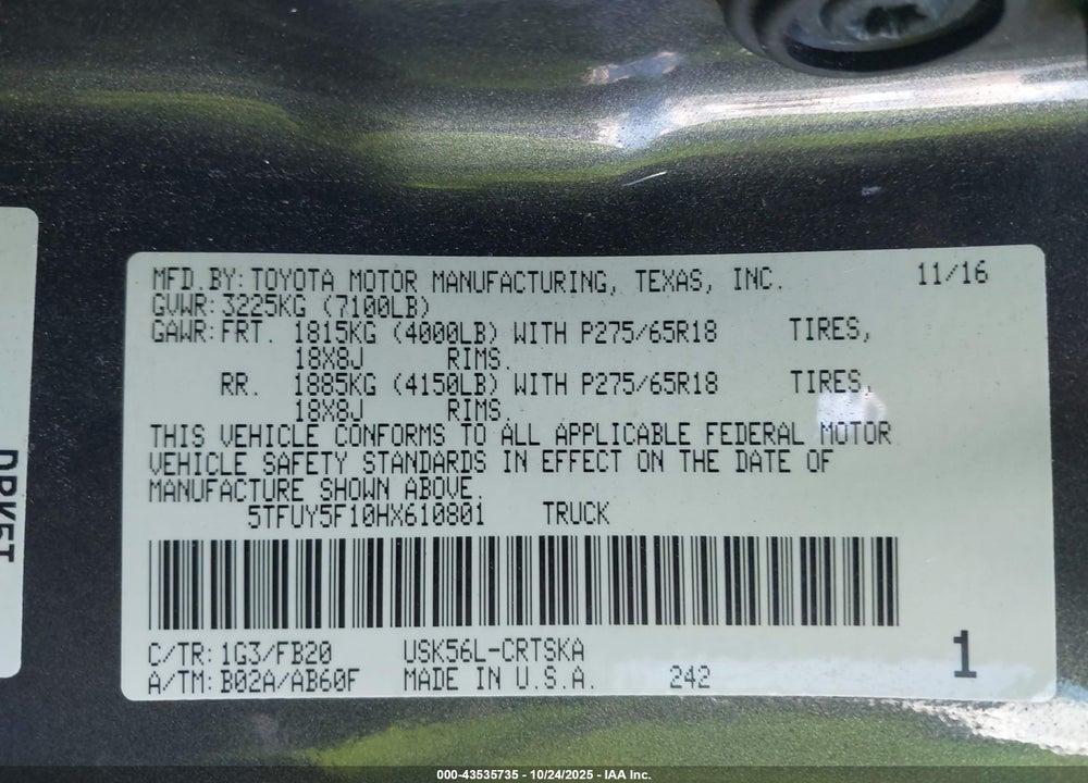 2017 TOYOTA TUNDRA VIN: 5TFUY5F10HX610801