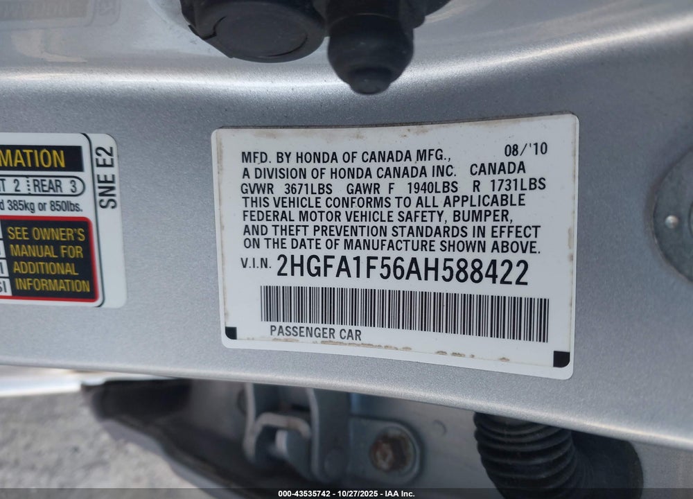2010 HONDA CIVIC LX VIN: 2HGFA1F56AH588422