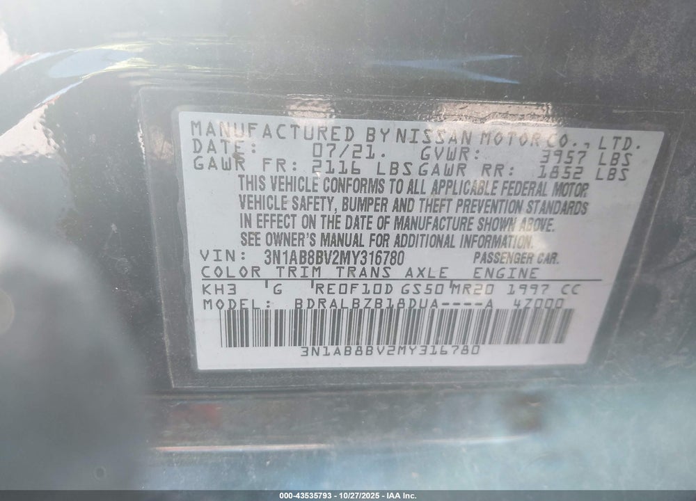 2021 NISSAN SENTRA VIN: 3N1AB8BV2MY316780