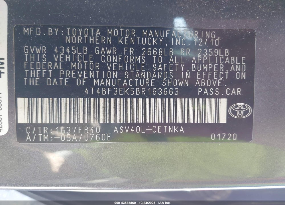 2011 TOYOTA CAMRY LE VIN: 4T4BF3EK5BR163663