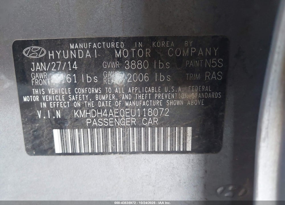 2014 HYUNDAI ELANTRA SE VIN: KMHDH4AE0EU118072