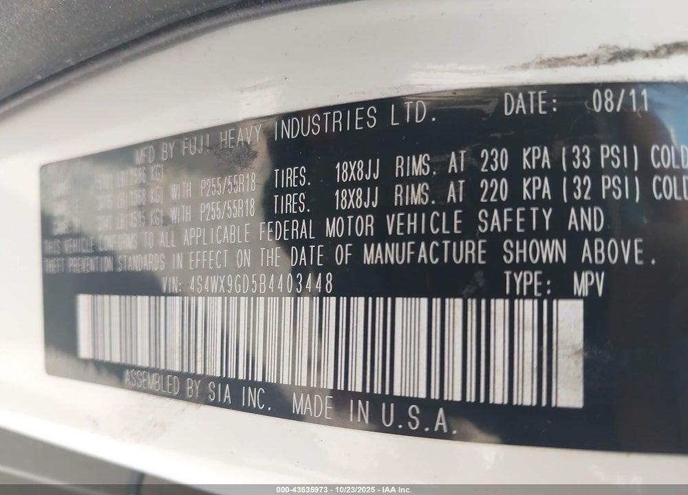 2011 SUBARU TRIBECA 3.6R LIMITED VIN: 4S4WX9GD5B4403448