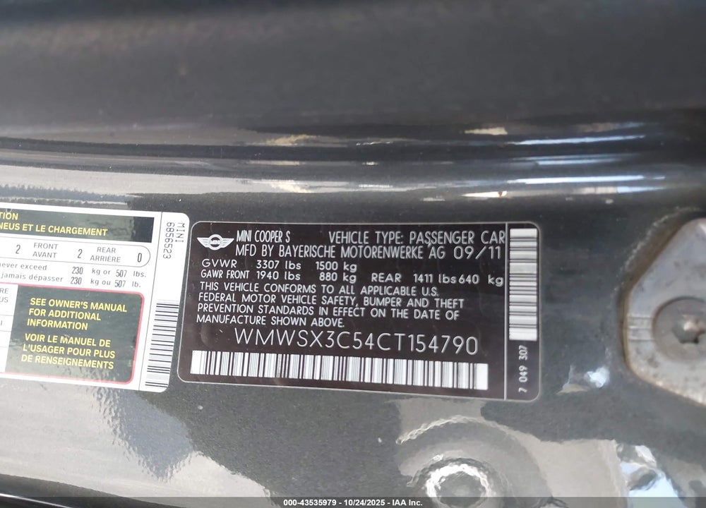 2012 MINI COOPER VIN: WMWSX3C54CT154790