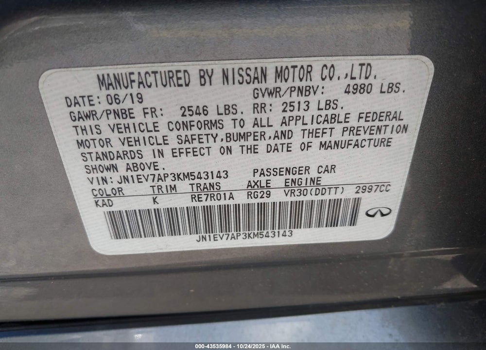 2019 INFINITI Q50 3.0T LUXE VIN: JN1EV7AP3KM543143
