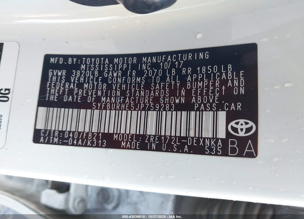 2018 TOYOTA COROLLA LE VIN: 5YFBURHE5JP759283