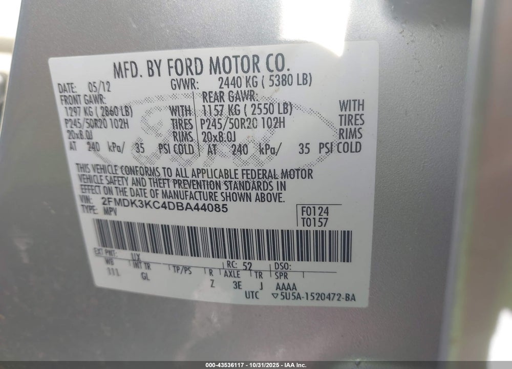 2013 FORD EDGE LIMITED VIN: 2FMDK3KC4DBA44085