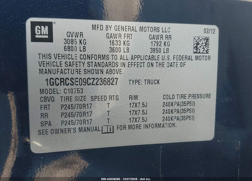 2012 CHEVROLET SILVERADO 1500 LT VIN: 1GCRCSE09CZ236827