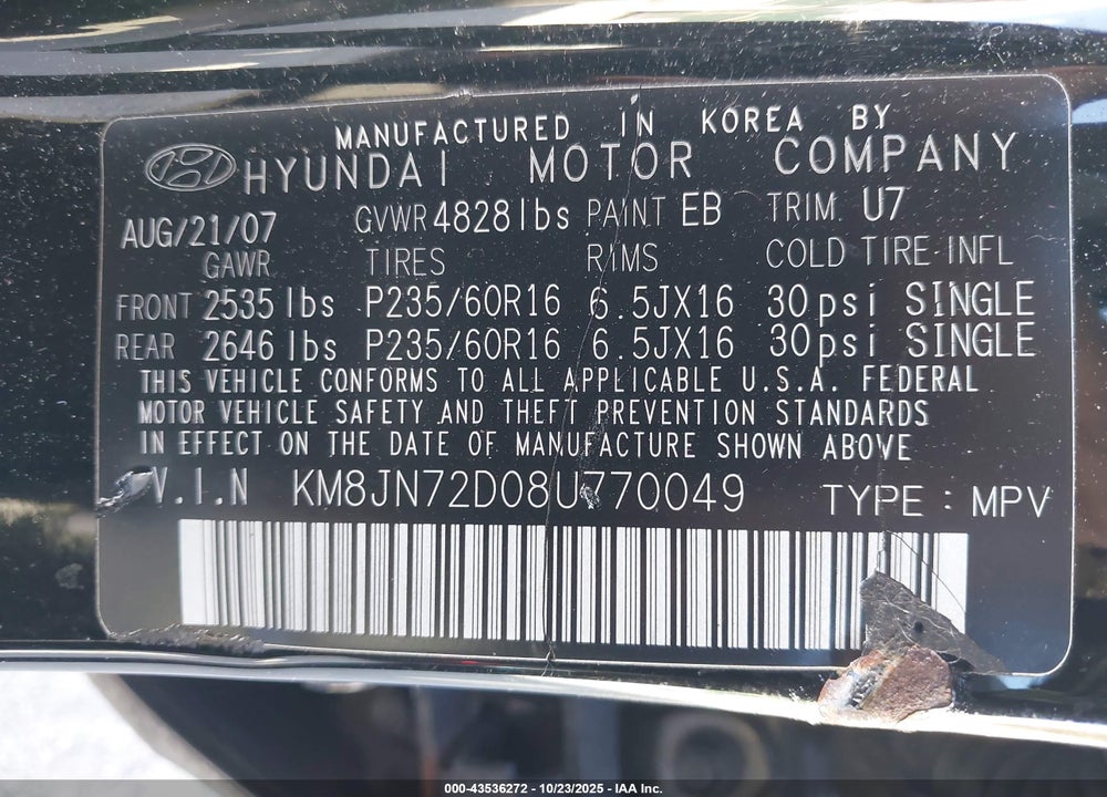 2008 HYUNDAI TUCSON VIN: KM8JN72D08U770049