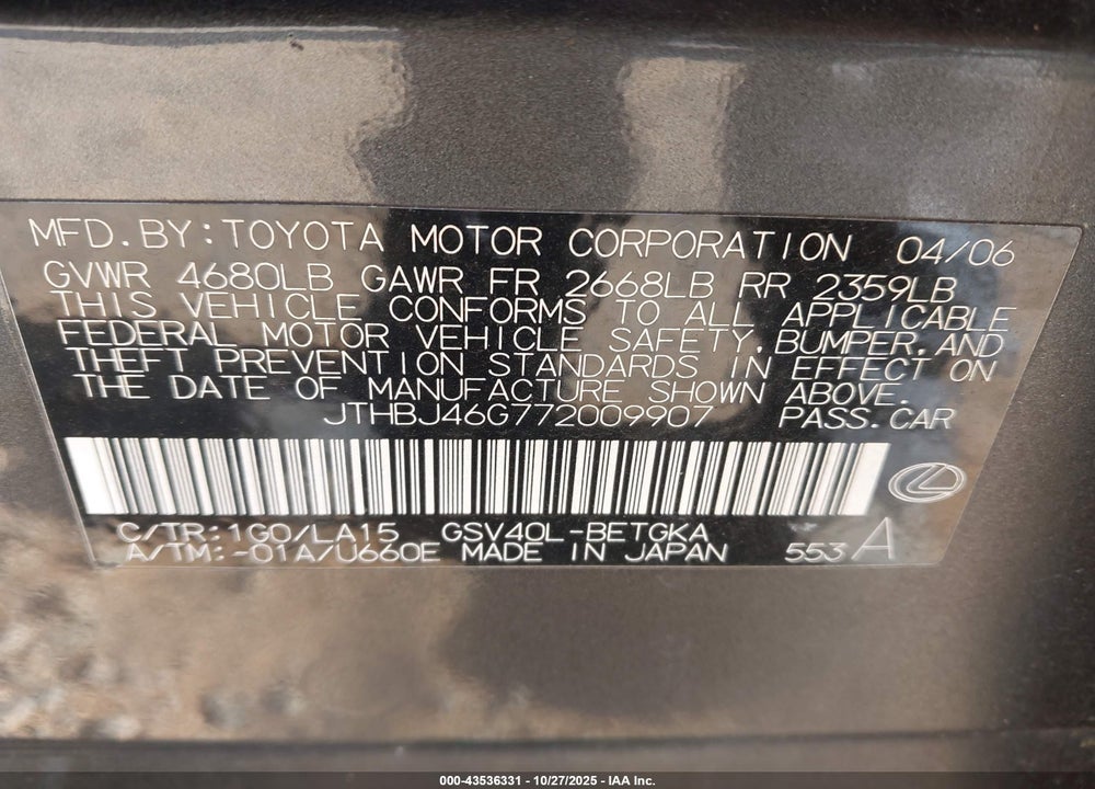 2007 LEXUS ES 350 VIN: JTHBJ46G772009907