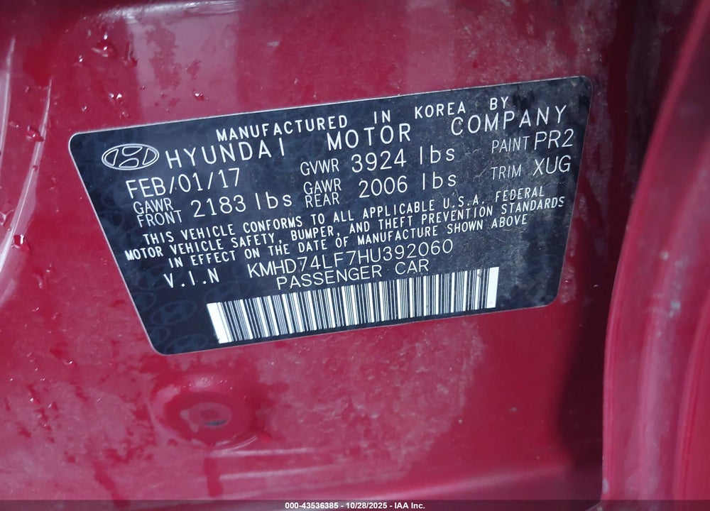 2017 HYUNDAI ELANTRA SE VIN: KMHD74LF7HU392060