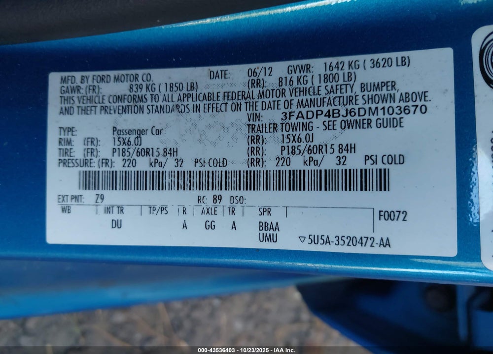 2013 FORD FIESTA SE VIN: 3FADP4BJ6DM103670