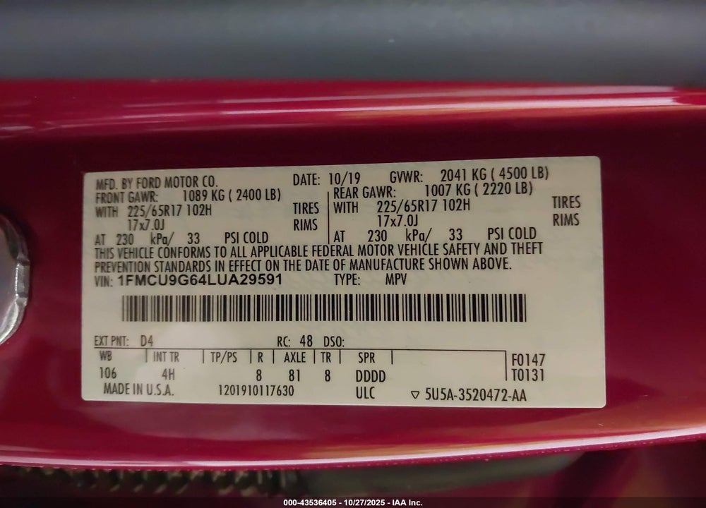 2020 FORD ESCAPE SE VIN: 1FMCU9G64LUA29591