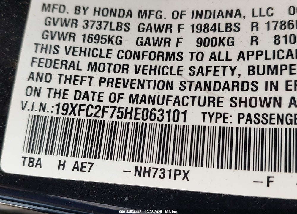 2017 HONDA CIVIC VIN: 19XFC2F75HE063101