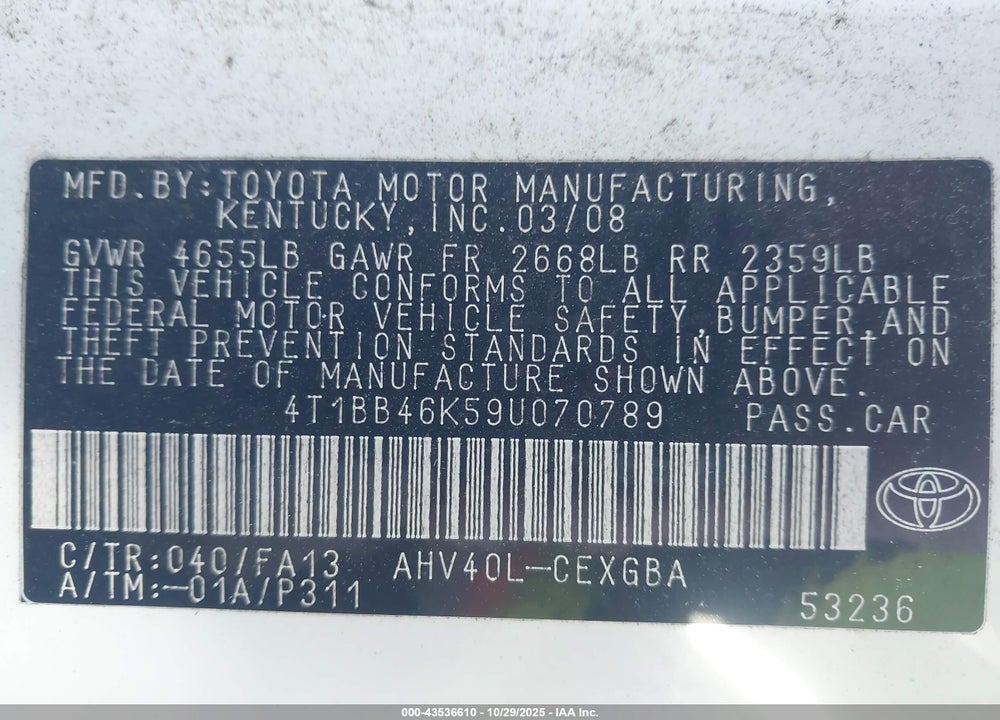 2009 TOYOTA CAMRY HYBRID VIN: 4T1BB46K59U070789