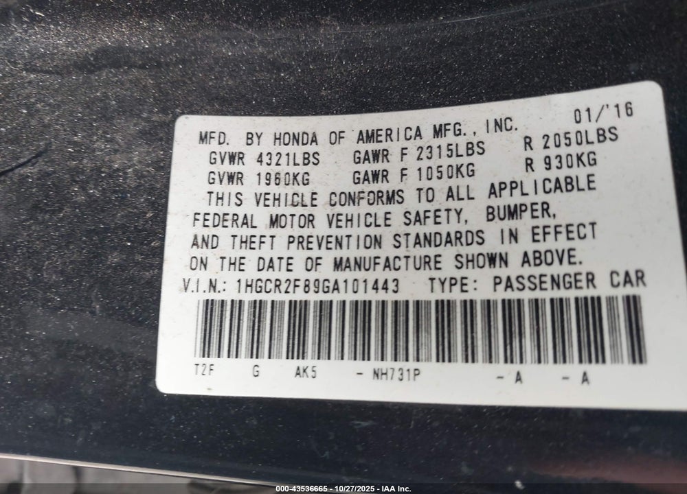2016 HONDA ACCORD EX-L VIN: 1HGCR2F89GA101443