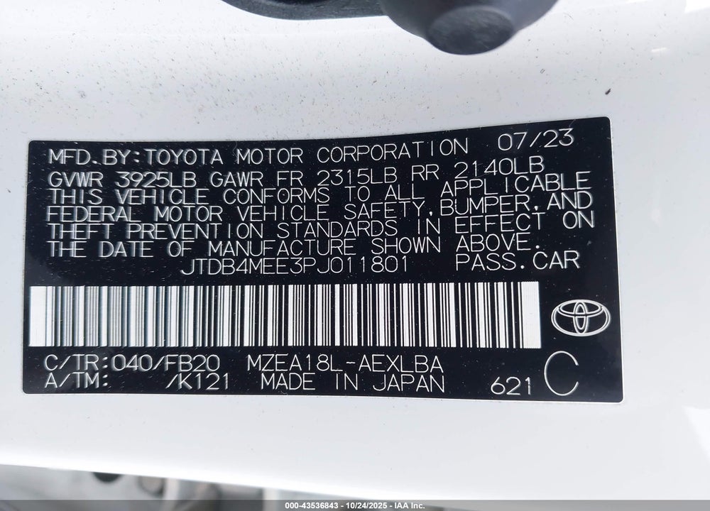 2023 TOYOTA COROLLA LE VIN: JTDB4MEE3PJ011801