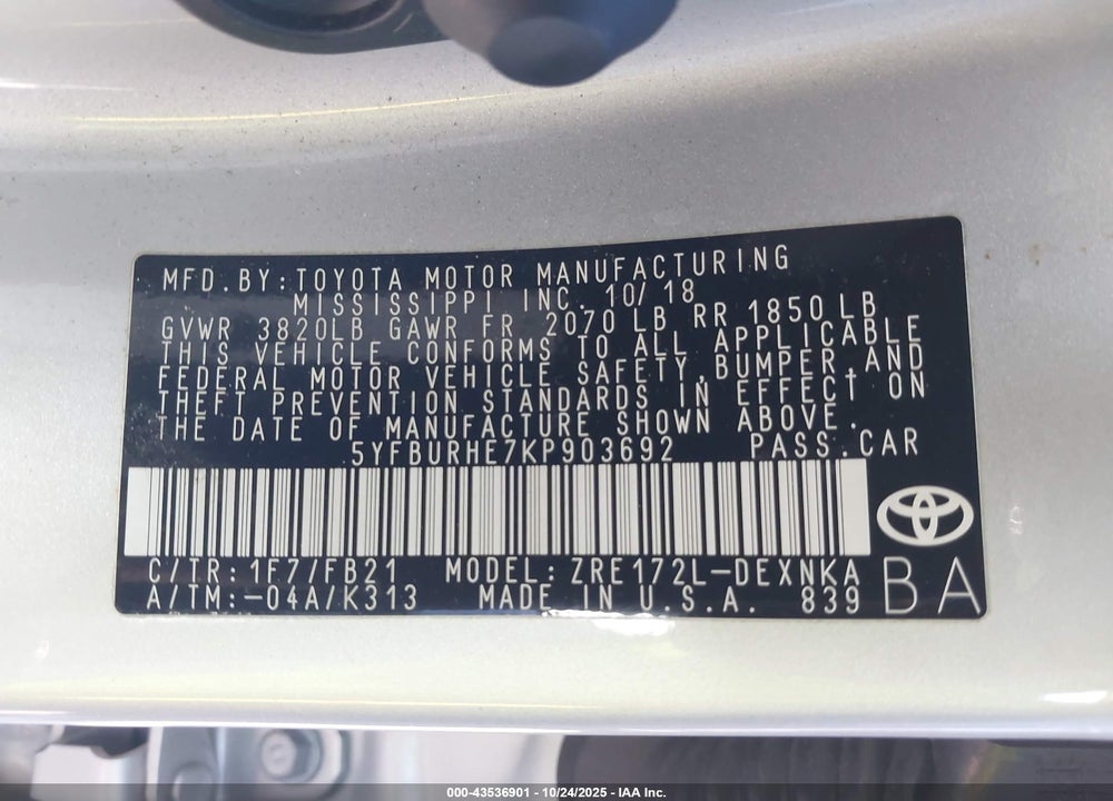 2019 TOYOTA COROLLA LE VIN: 5YFBURHE7KP903692