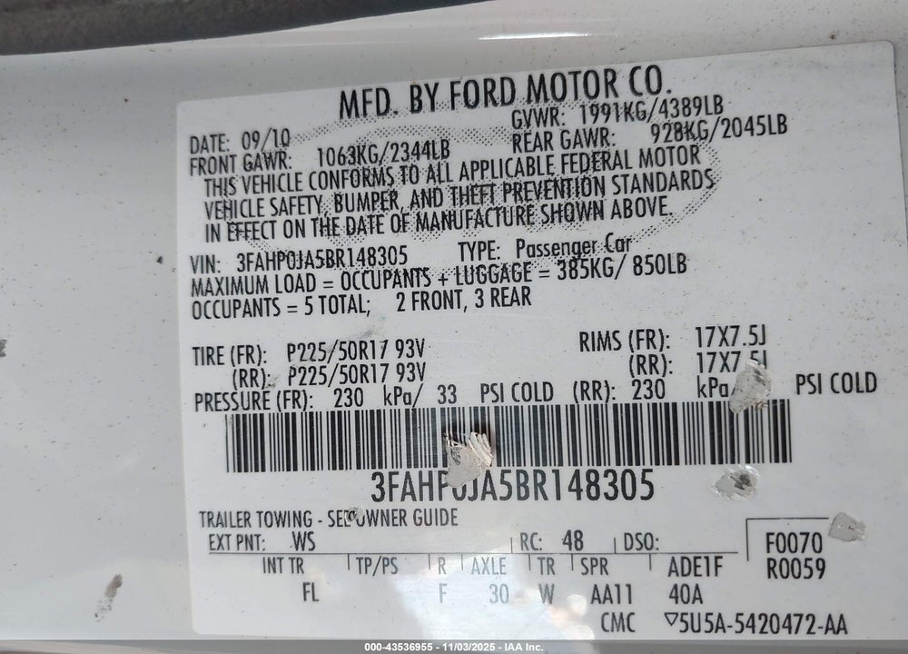 2011 FORD FUSION SEL VIN: 3FAHP0JA5BR148305
