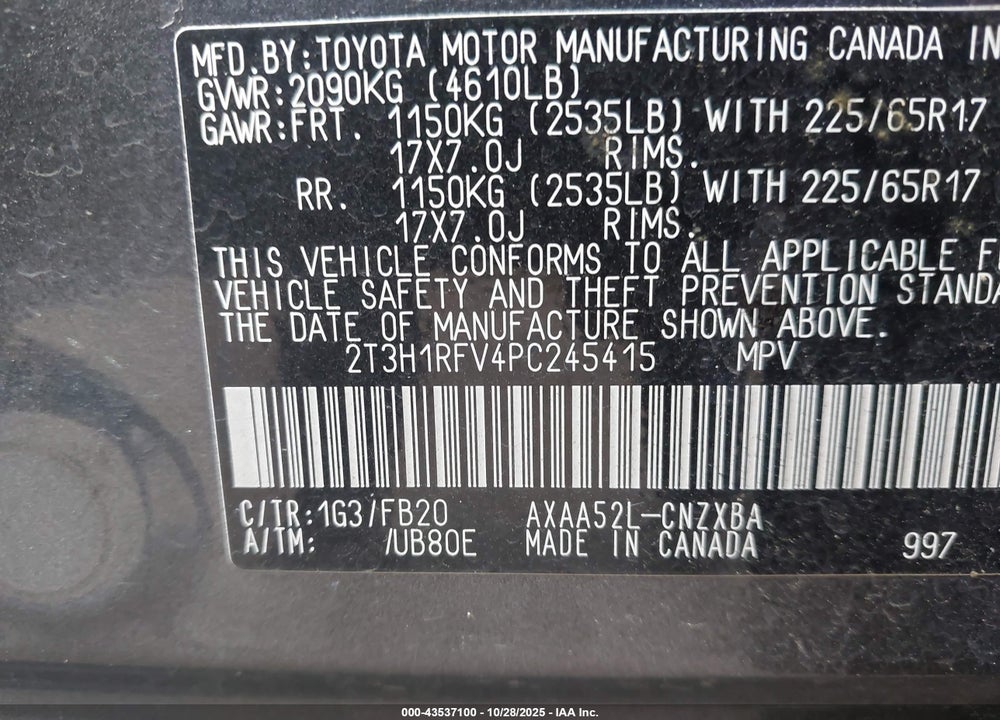 2023 TOYOTA RAV4 VIN: 2T3H1RFV4PC245415