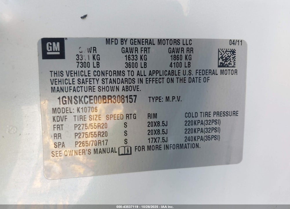 2011 CHEVROLET TAHOE LTZ VIN: 1GNSKCE00BR308157
