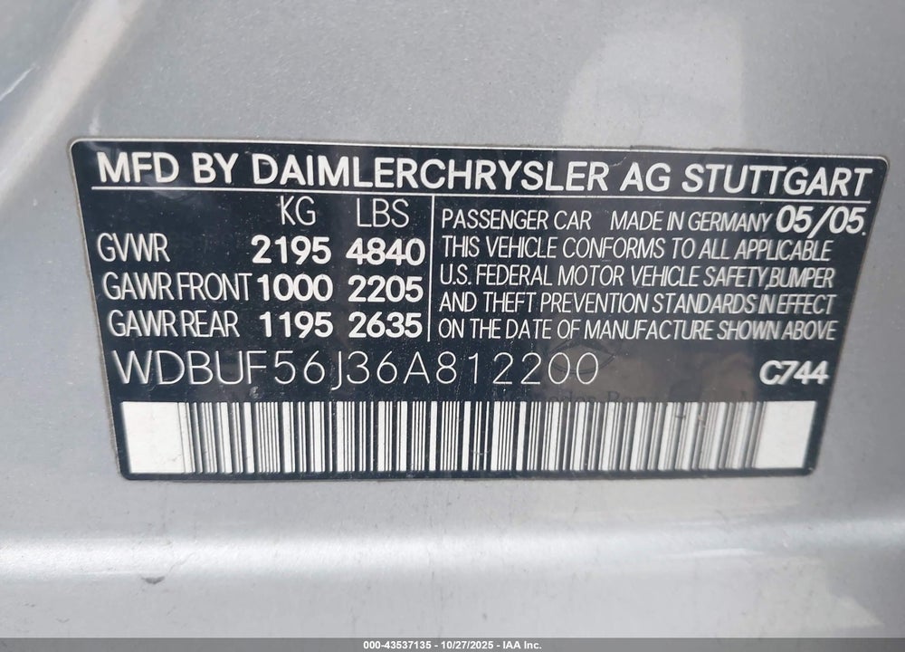 2006 MERCEDES-BENZ E 350 VIN: WDBUF56J36A812200