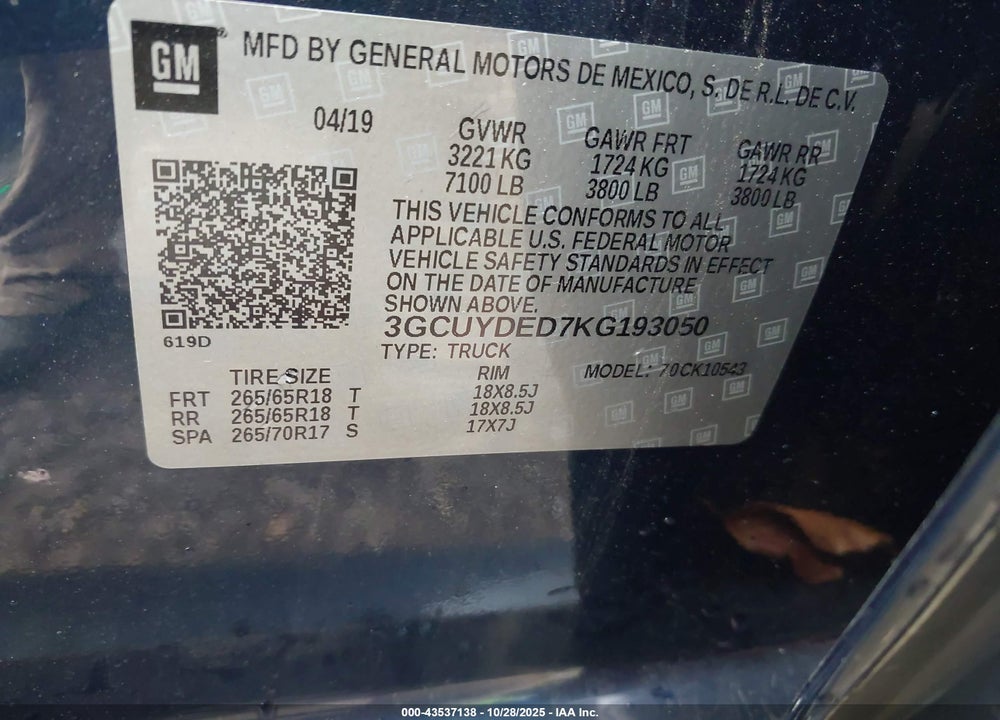 2019 CHEVROLET SILVERADO 1500 VIN: 3GCUYDED7KG193050