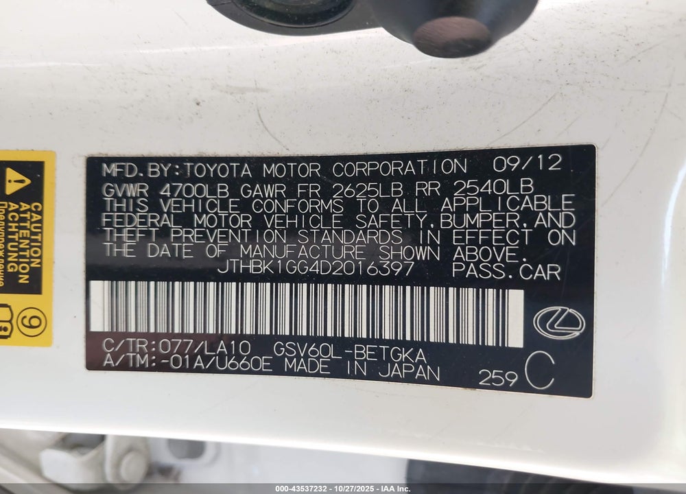 2013 LEXUS ES 350 VIN: JTHBK1GG4D2016397