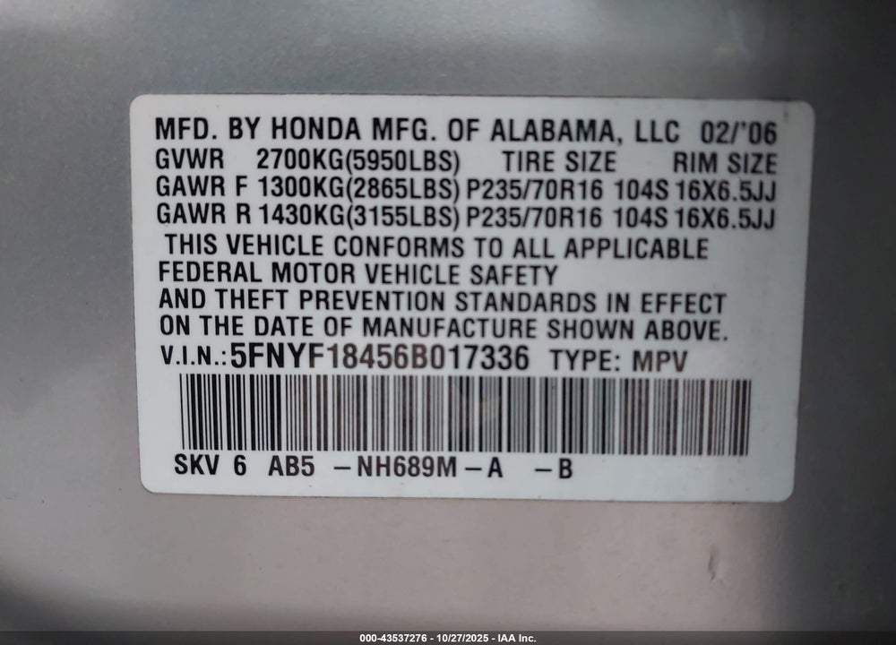 2006 HONDA PILOT VIN: 5FNYF18456B017336
