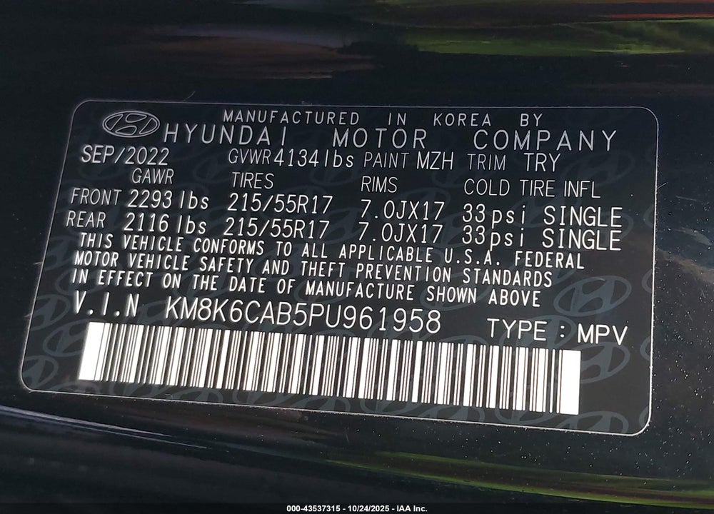 2023 HYUNDAI KONA SEL VIN: KM8K6CAB5PU961958