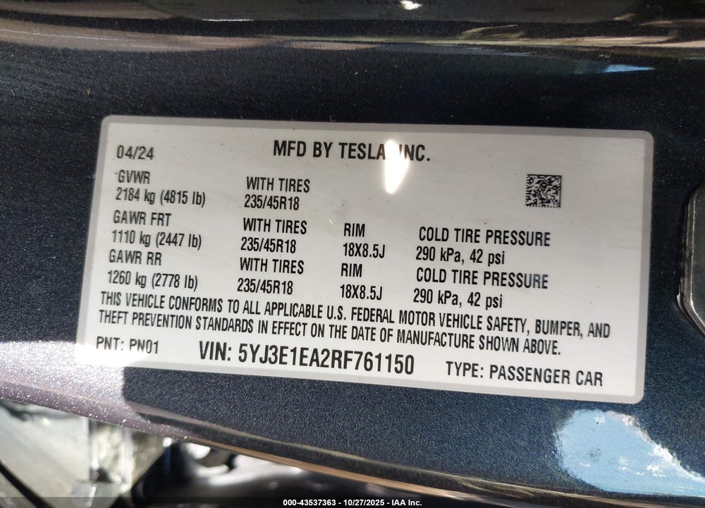 2024 TESLA MODEL 3 VIN: 5YJ3E1EA2RF761150