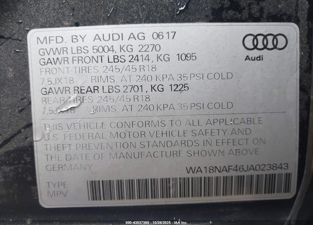 2018 AUDI A4 ALLROAD VIN: WA18NAF46JA023843