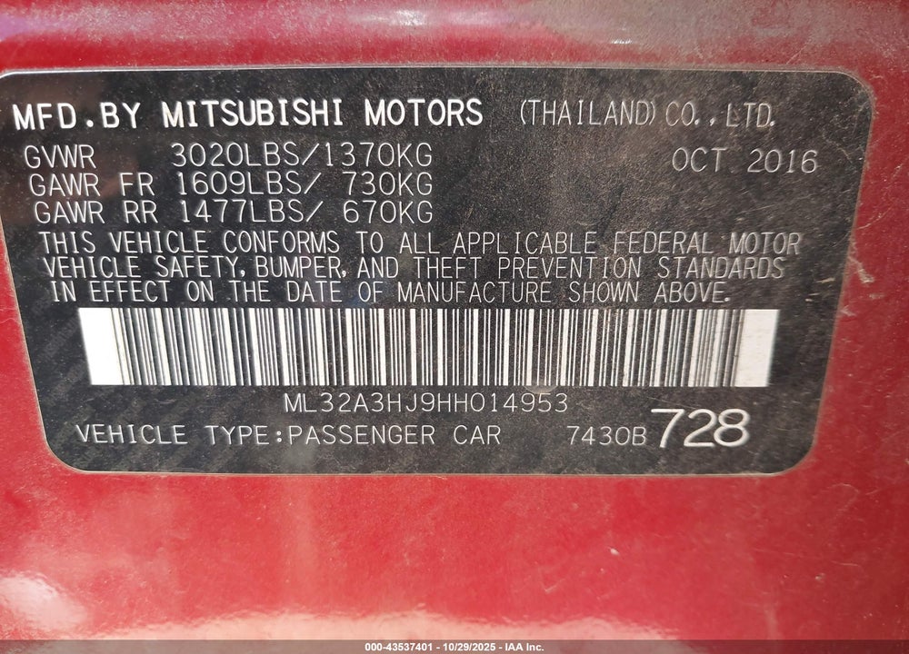 2017 MITSUBISHI MIRAGE VIN: ML32A3HJ9HH014953