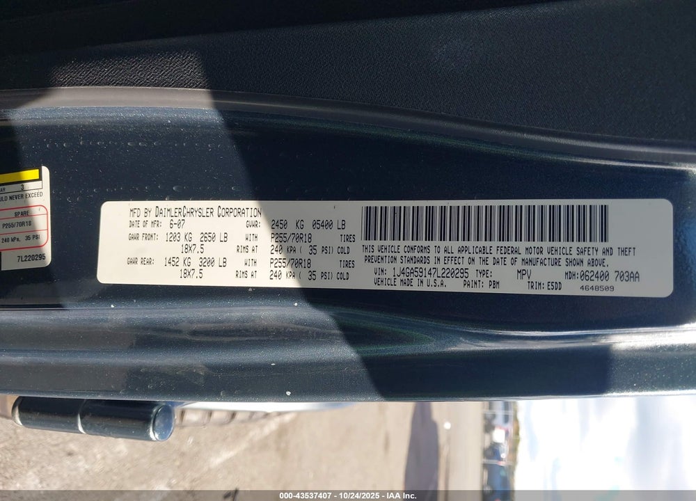 2007 JEEP WRANGLER UNLIMITED VIN: 1J4GA59147L220295