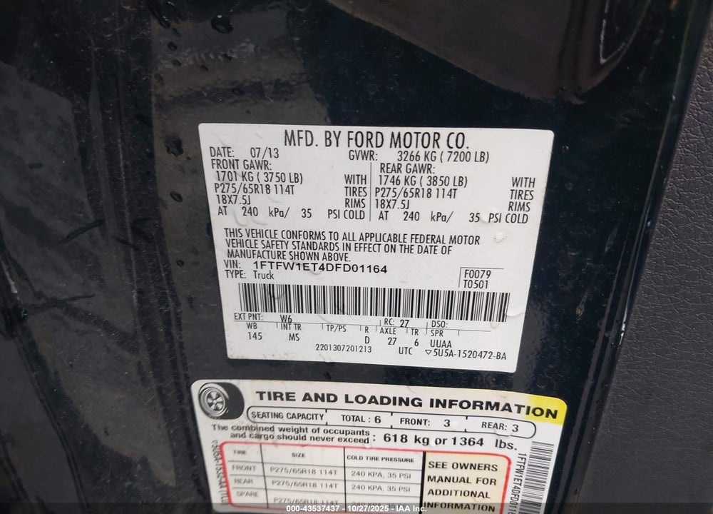 2013 FORD F-150 XLT VIN: 1FTFW1ET4DFD01164