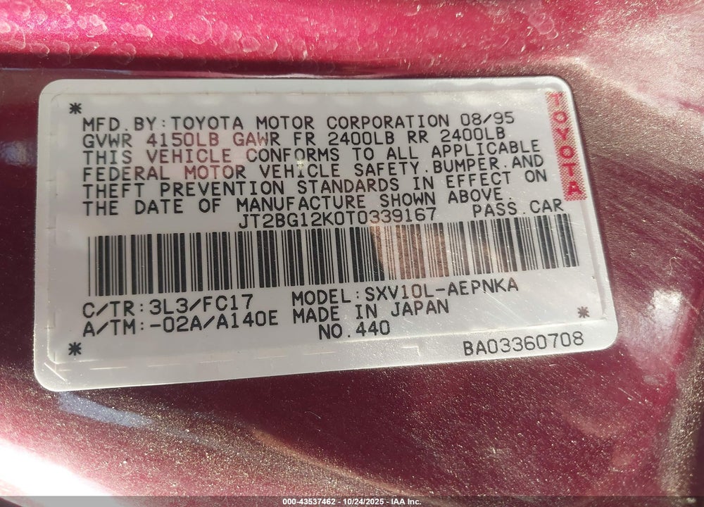 1996 TOYOTA CAMRY DX/LE/XLE VIN: JT2BG12K0T0339167