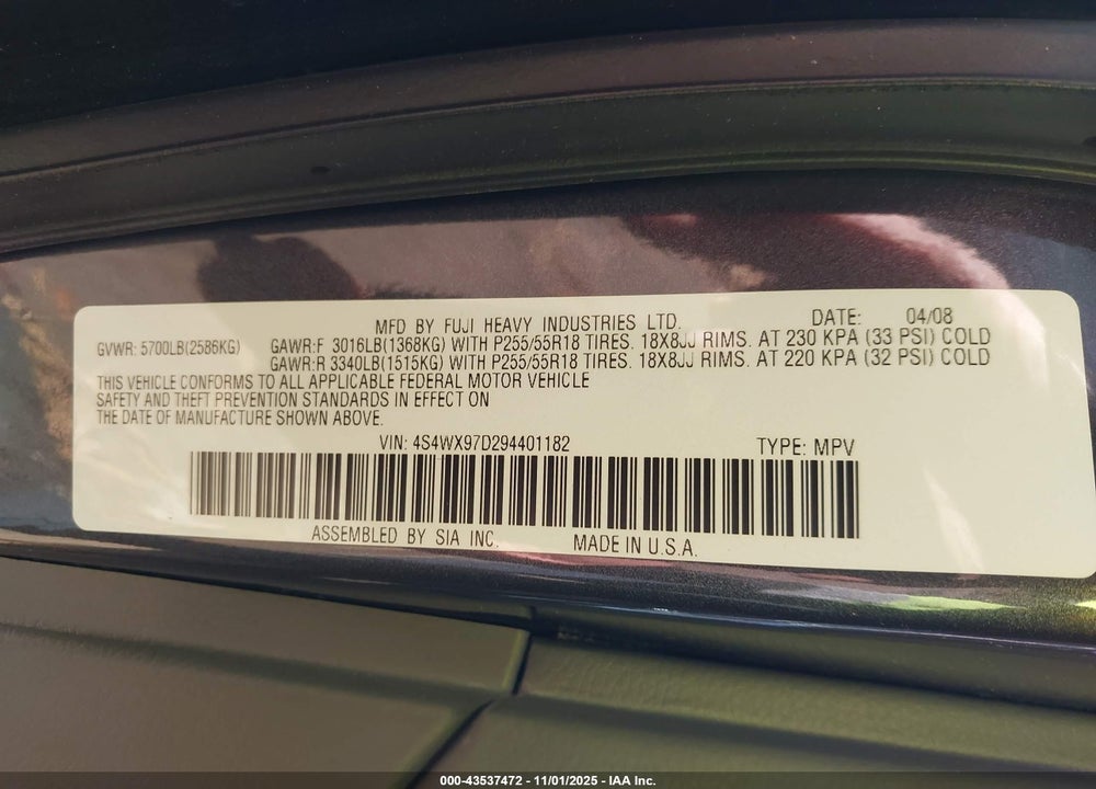2009 SUBARU TRIBECA VIN: 4S4WX97D294401182