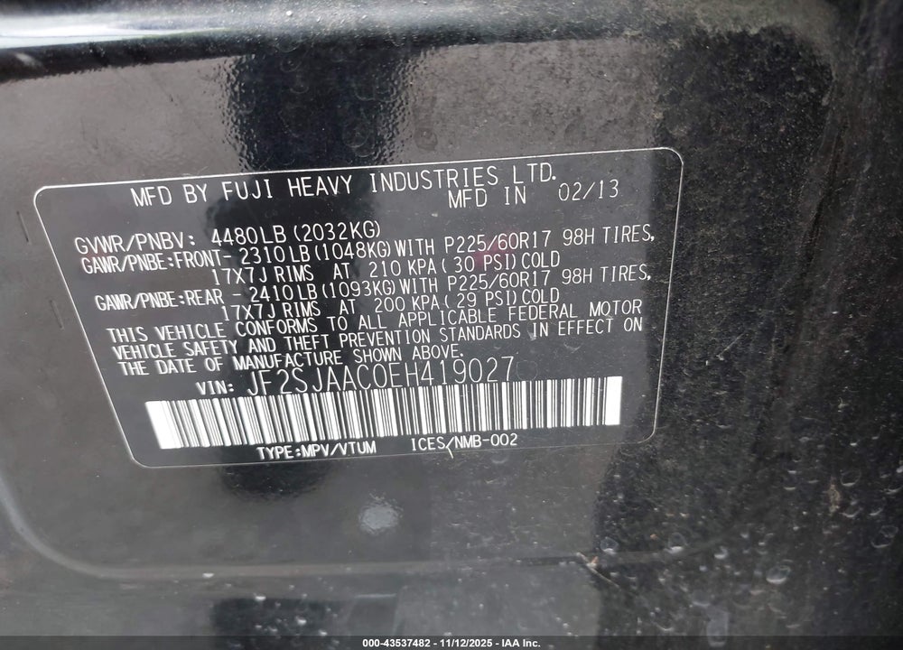2014 SUBARU FORESTER VIN: JF2SJAAC0EH419027