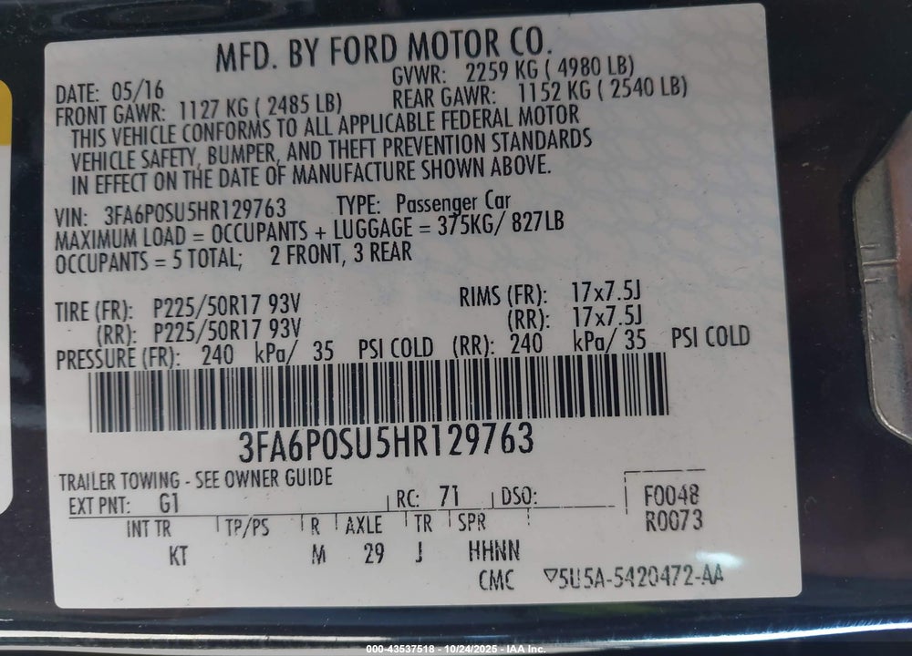 2017 FORD FUSION VIN: 3FA6P0SU5HR129763