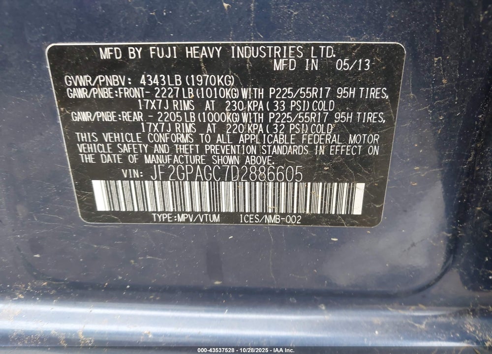 2013 SUBARU XV CROSSTREK 2.0I LIMITED VIN: JF2GPAGC7D2886605