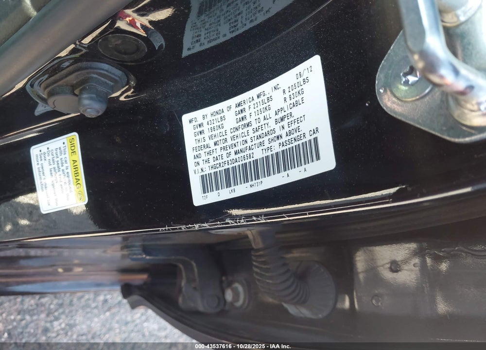 2013 HONDA ACCORD EX-L VIN: 1HGCR2F83DA006582