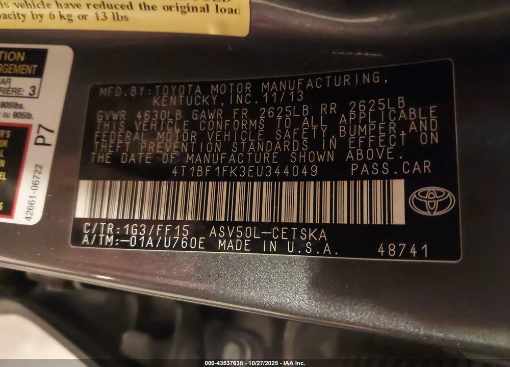 2014 TOYOTA CAMRY SE VIN: 4T1BF1FK3EU344049