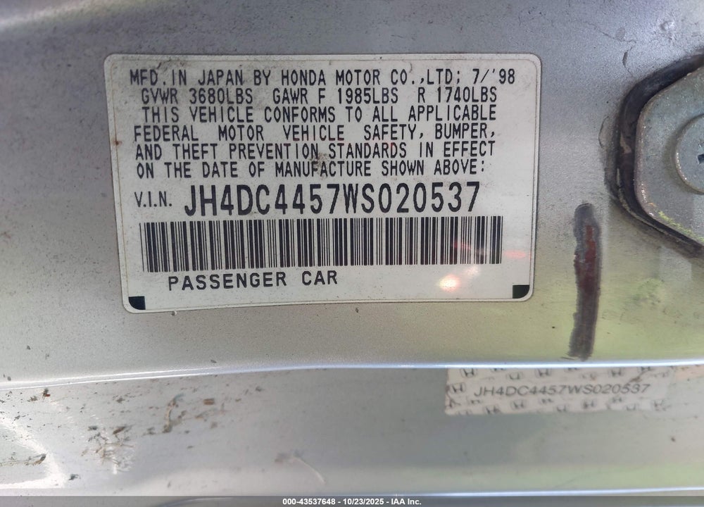 1998 ACURA INTEGRA VIN: JH4DC4457WS020537