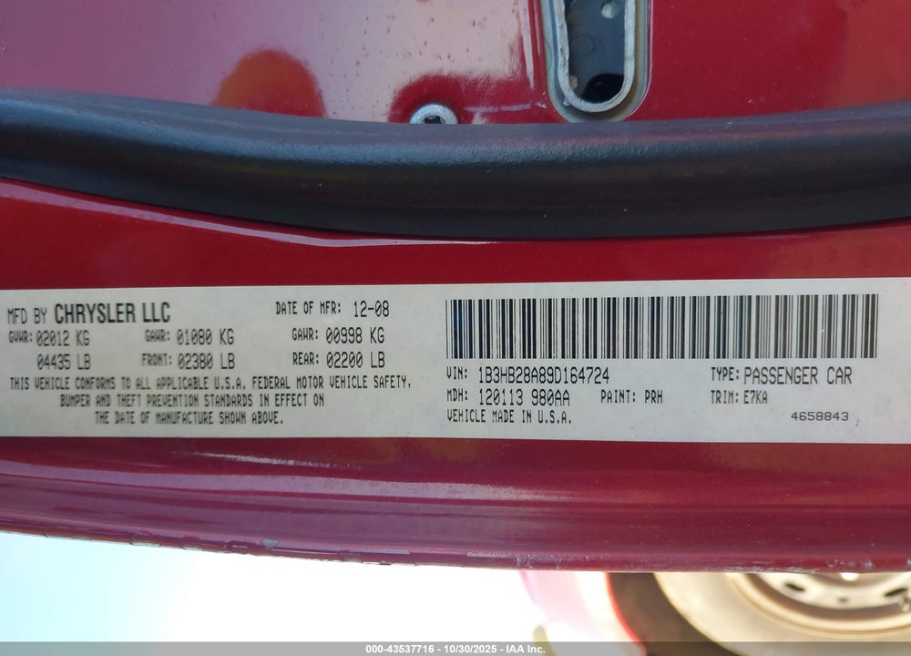 2009 DODGE CALIBER SE VIN: 1B3HB28A89D164724