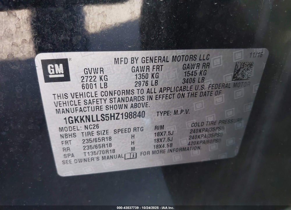 2017 GMC ACADIA SLE-2 VIN: 1GKKNLLS5HZ198840