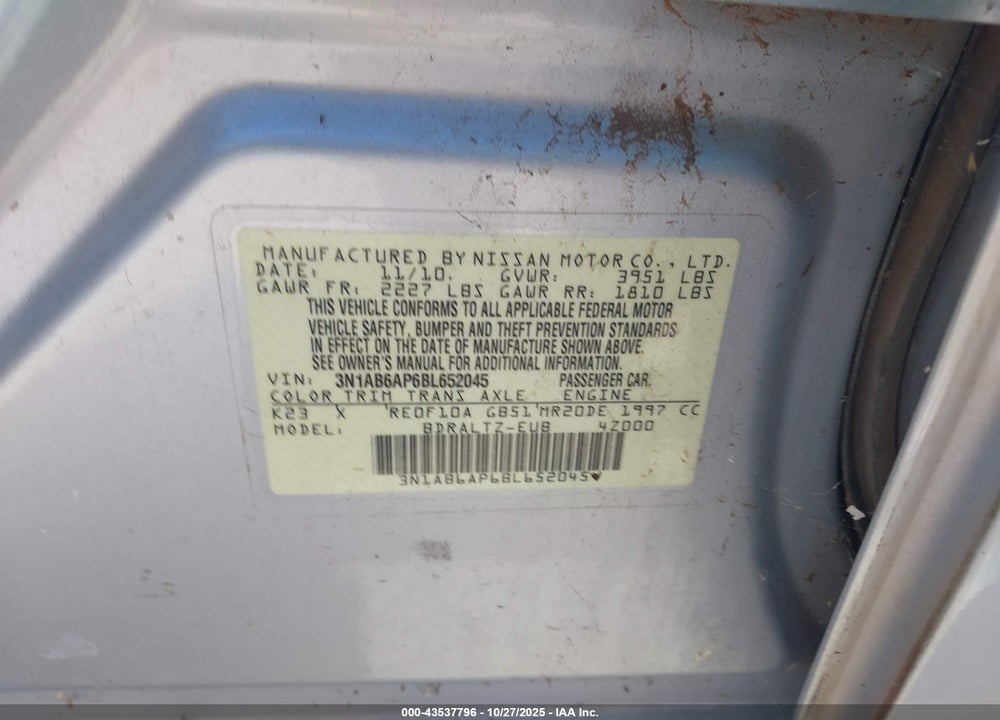 2011 NISSAN SENTRA 2.0SR VIN: 3N1AB6AP6BL652045