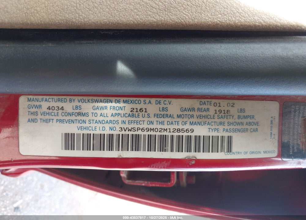 2002 VOLKSWAGEN JETTA GLS TDI VIN: 3VWSP69M02M128569